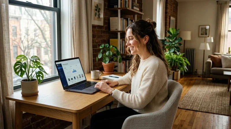 Woman working from home on her Ecomzy store
